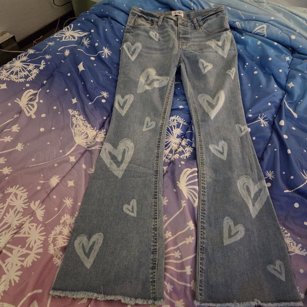 Colorful Planet Size 16 Heart Print Flare Jeans Raw Hem Stretch Denim Y2K